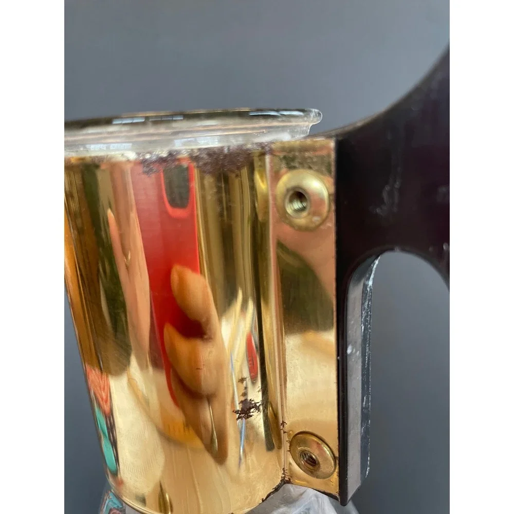 Vintage Pyrex Coffee Carafe Gold Stripes MCM Brass Warming Stand Bakelite Handle